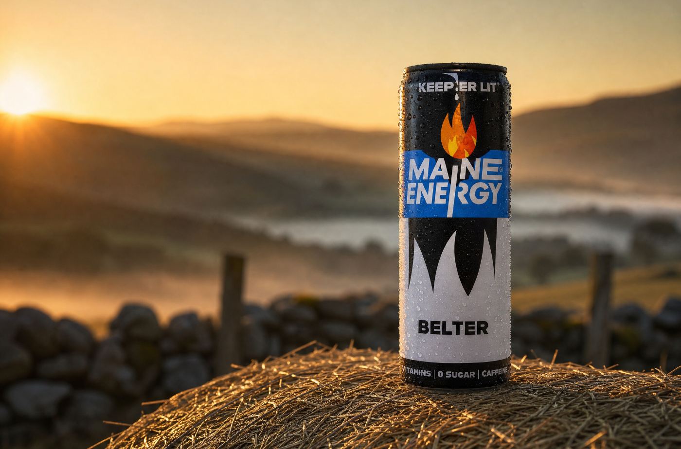 Belter can on a hay bale at a Northern Ireland farm at sunrise